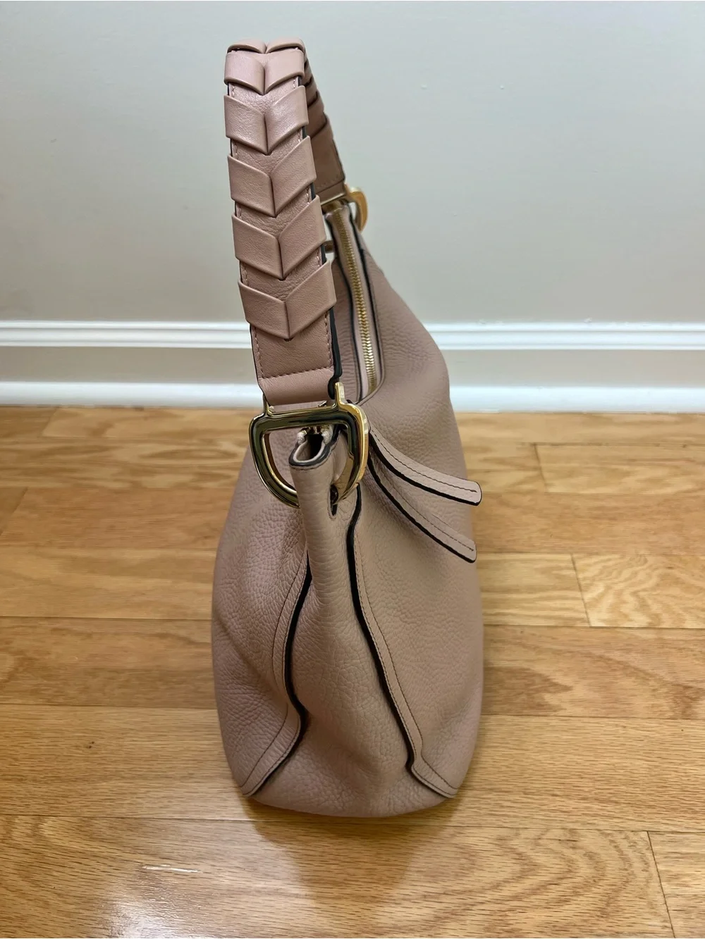 Authentic Furla Rialto Pebbled Leather Hobo Bag - Woven Handle in Powder Pink